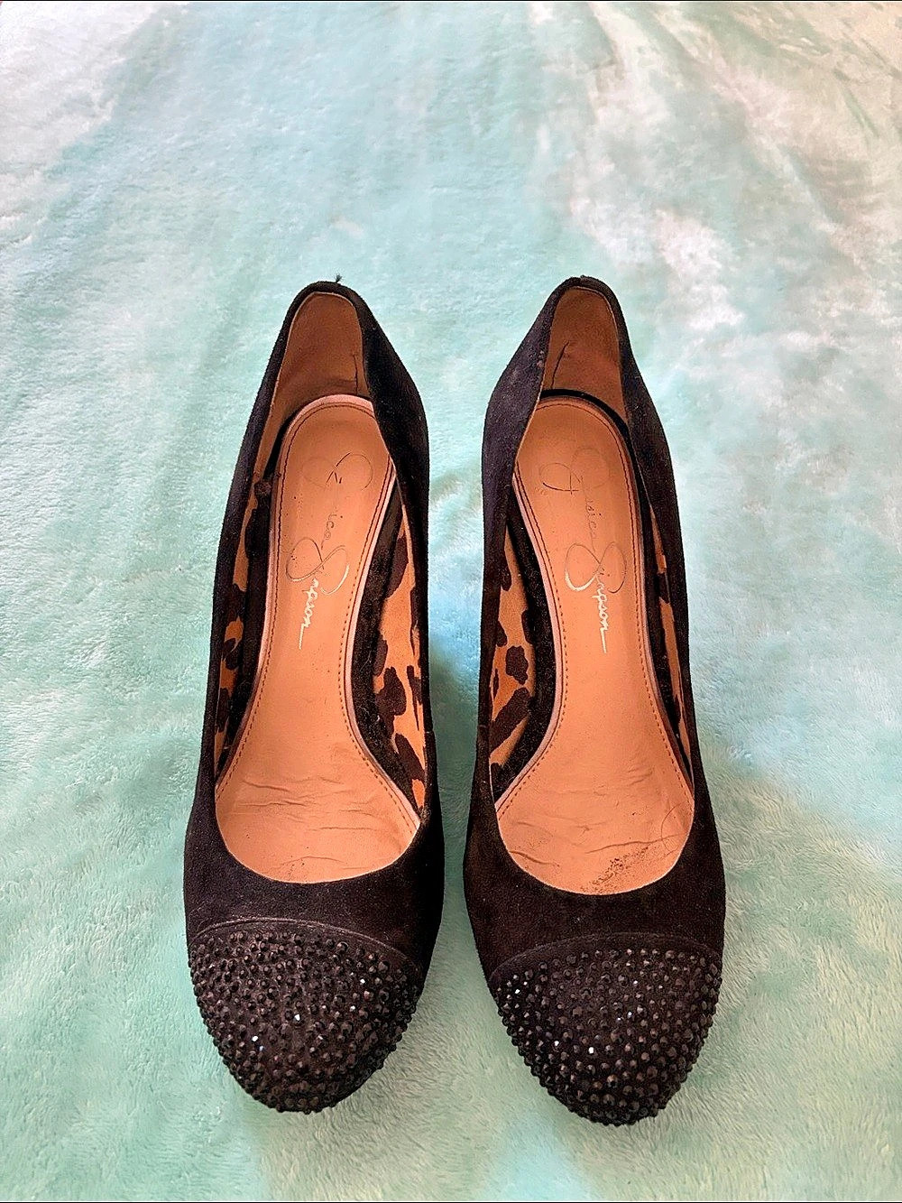 Jessica Simpson Black Leopard Print Embellished Toe Wedges